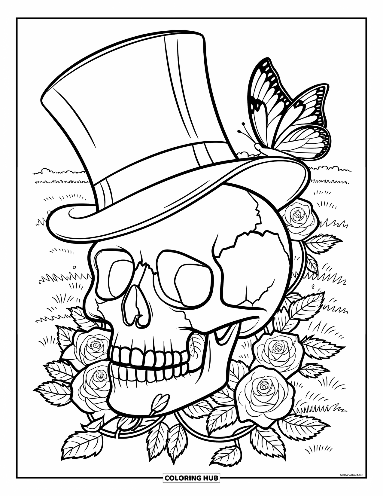 Rose Skull Coloring Page for Kids: A top-hat skull with vines and a butterfly in a field