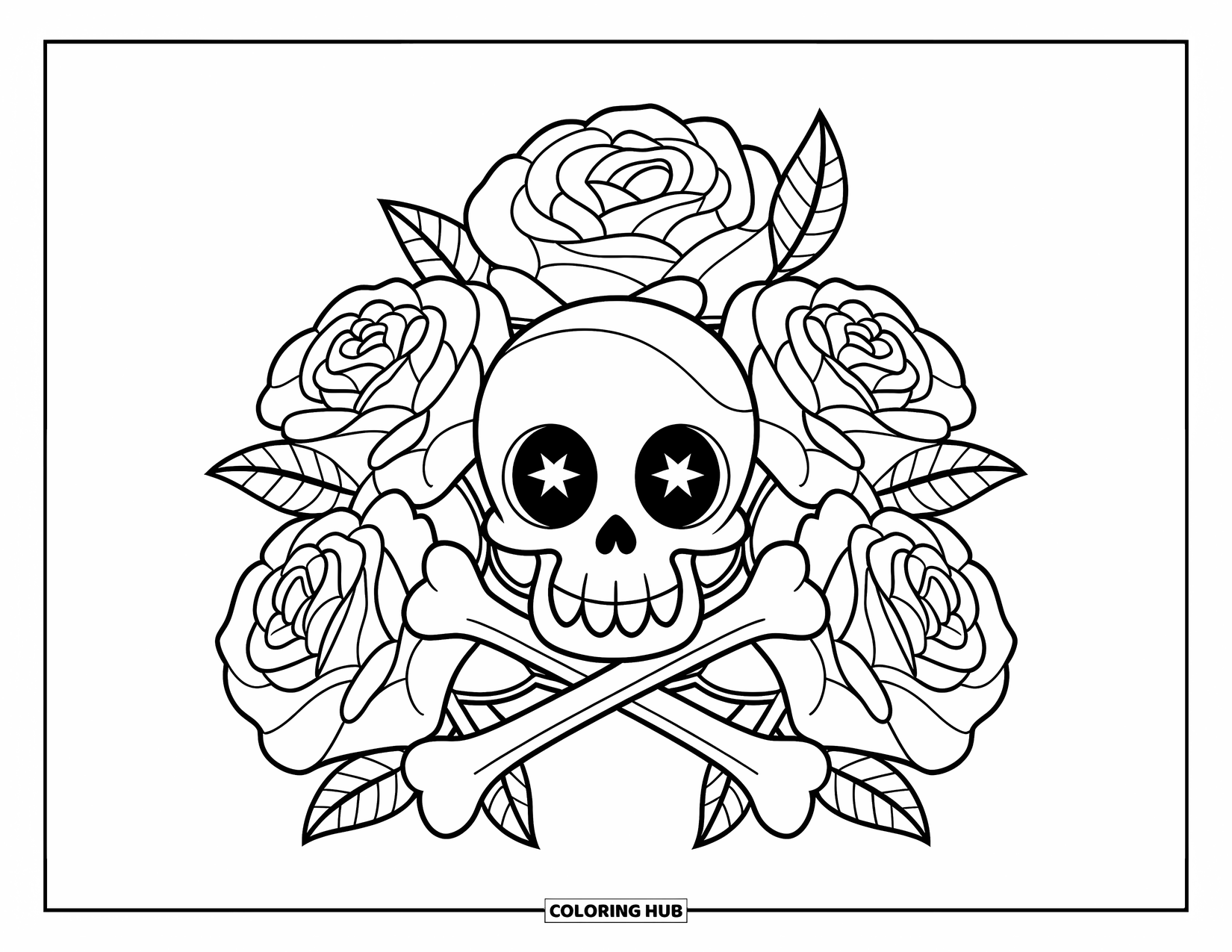 Rose Skull Coloring Page for Kids: A wide-eyed skull and crossbones with thorny blooming roses