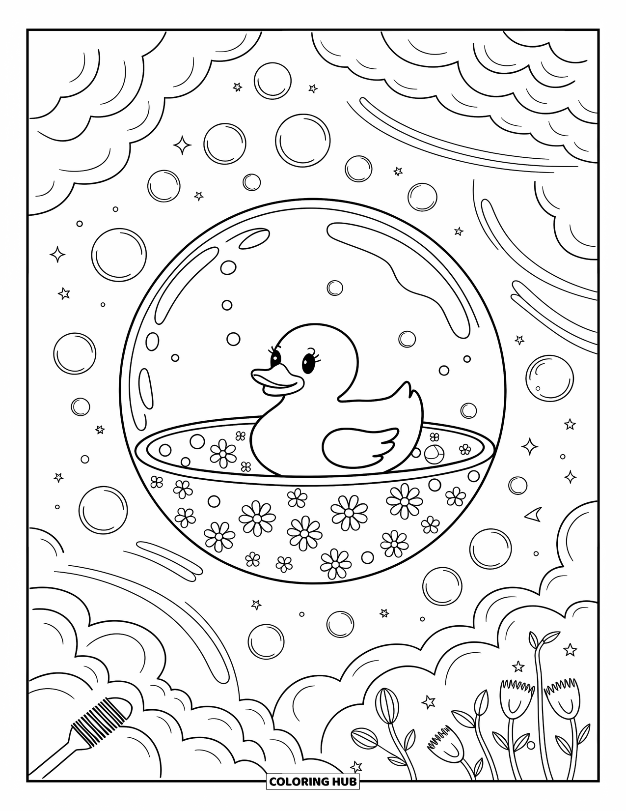 Rubber Duck Coloring Page for Adults: A duck drifts in a big bubble while tiny bathtubs and petals float nearby