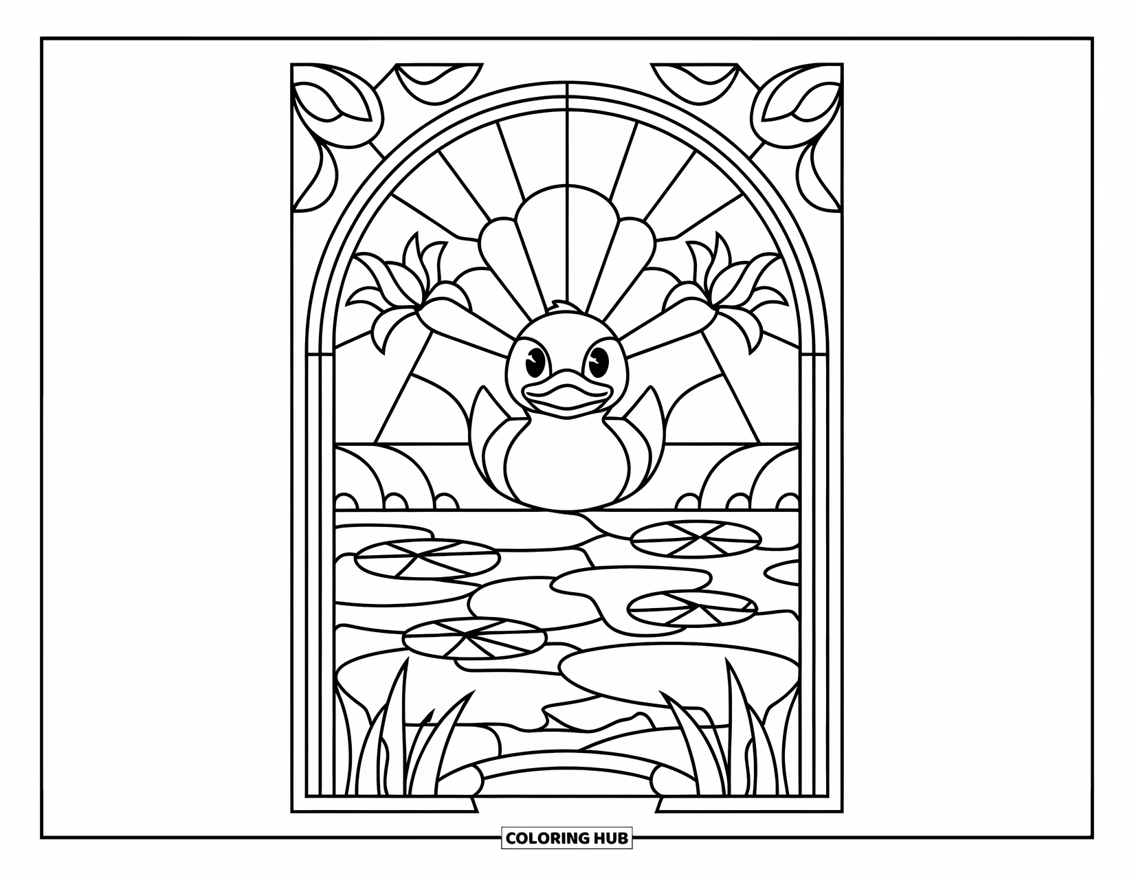 Rubber Duck Coloring Page for Adults: A duck floats among water lilies in a stained glass pond setting