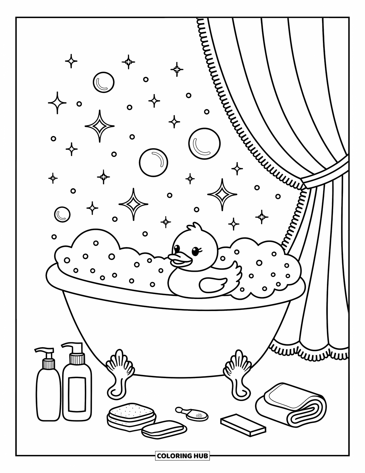 Rubber Duck Coloring Page for Adults: A duck floats in a bubble bath with shampoo, sponge, and sparkly bubbles above