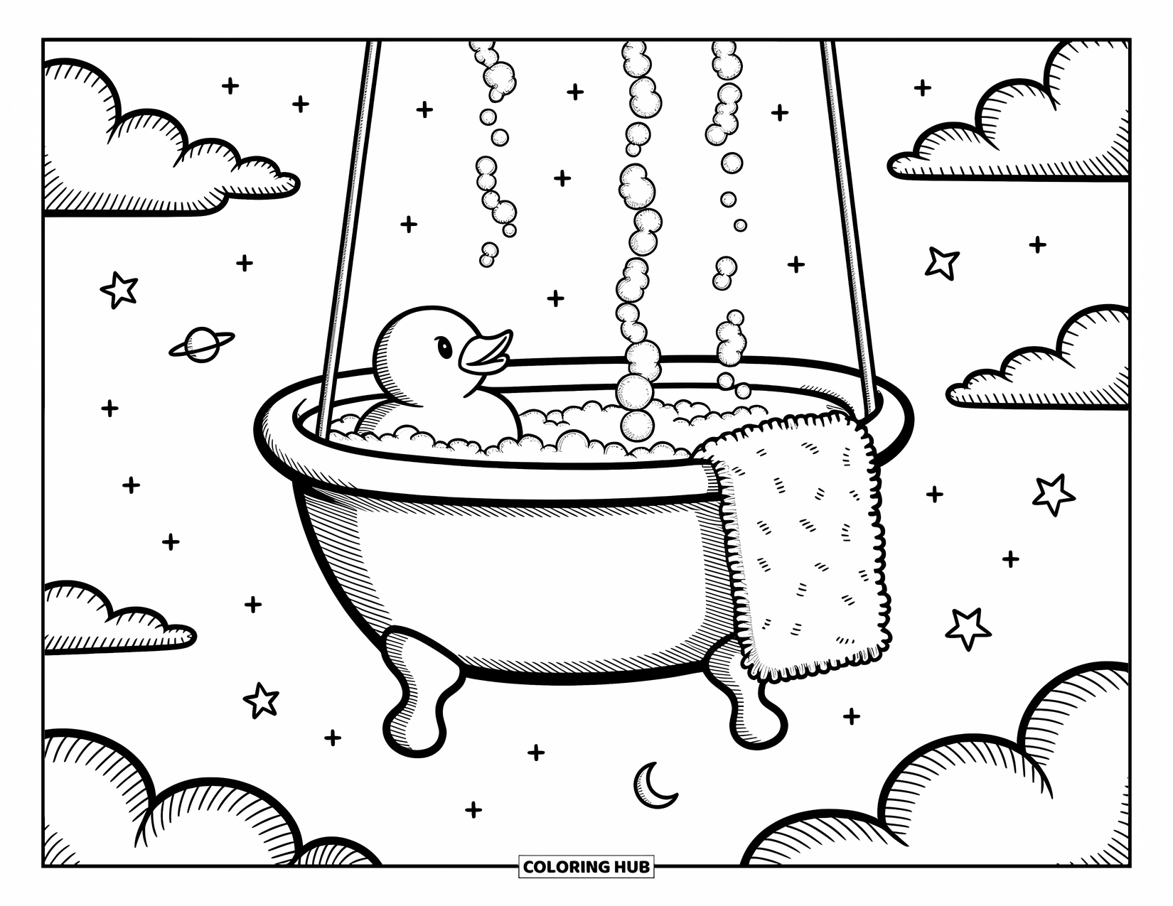 Rubber Duck Coloring Page for Adults: A duck floats in a dreamy sky tub with stars, clouds, and gentle bubbles