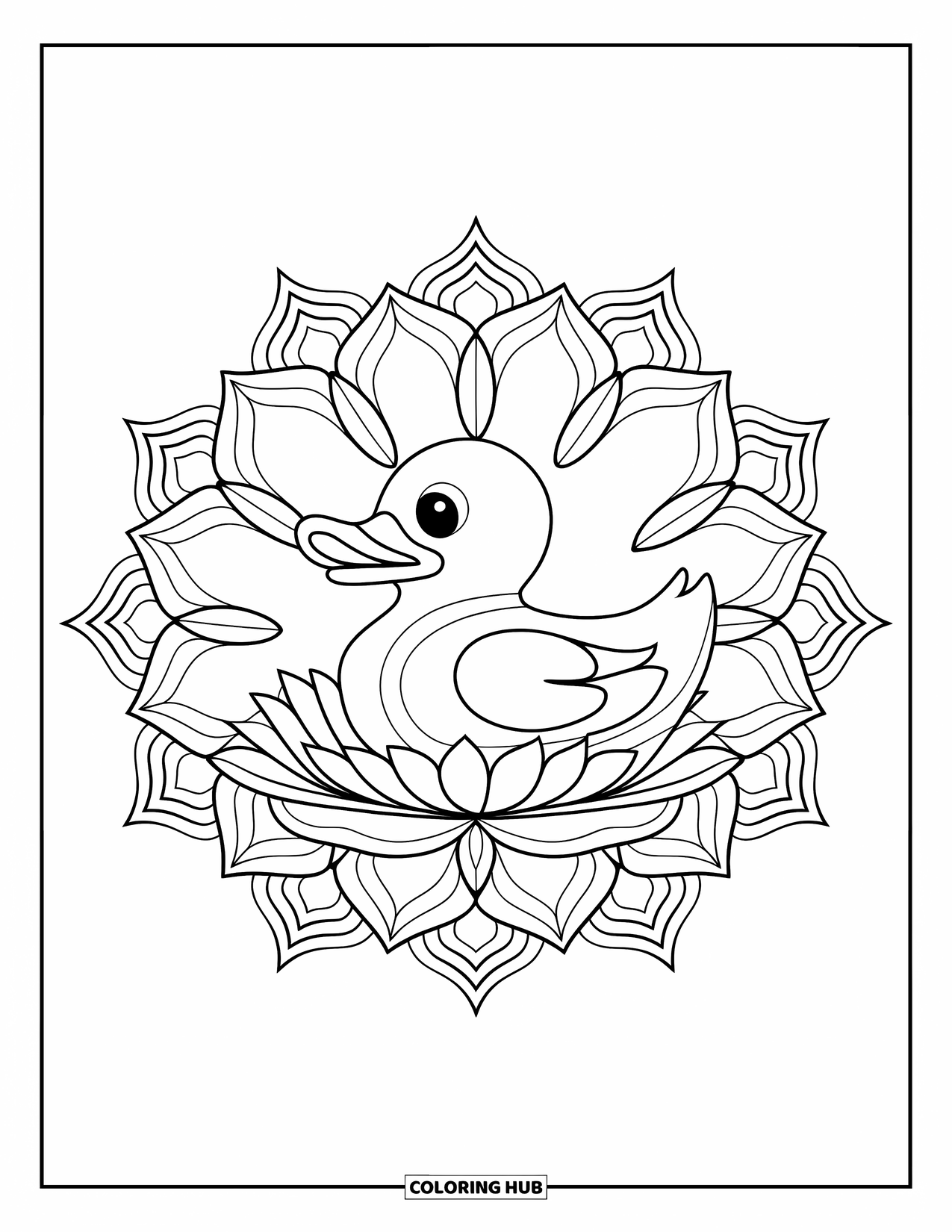 Rubber Duck Coloring Page for Adults: A duck floats in a lotus mandala, designed for peaceful, relaxing coloring