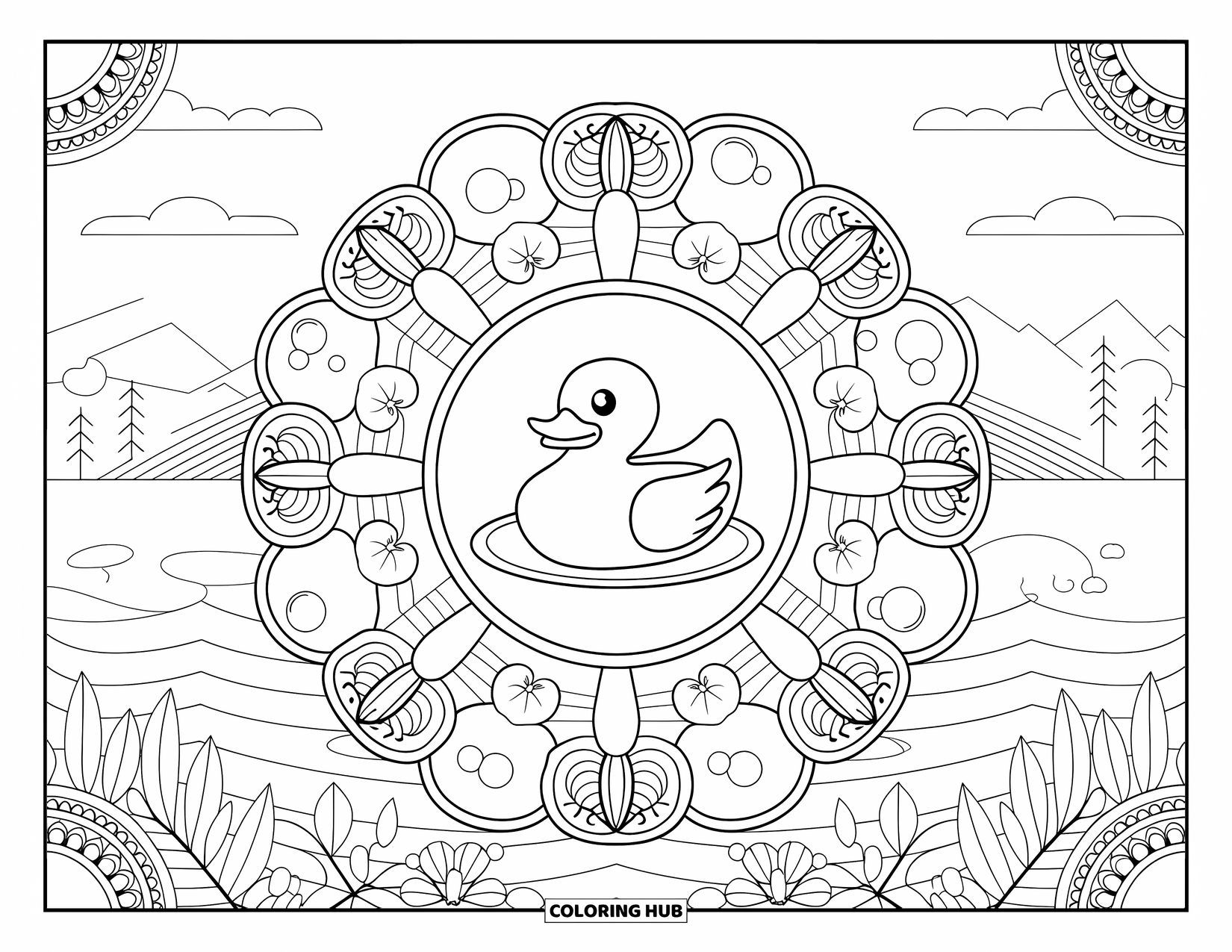 Rubber Duck Coloring Page for Adults: A duck floats inside a mandala of waves, bubbles, and hibiscus with scenic mountains