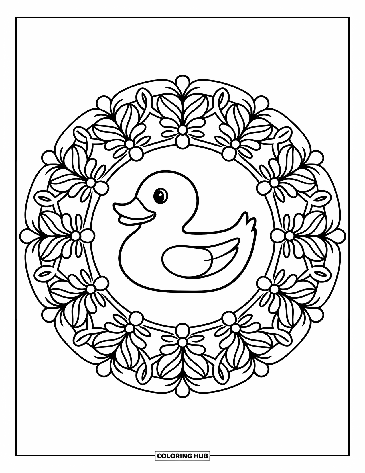 Rubber Duck Coloring Page for Adults: A duck in a circular mandala with flowers, leaves, and swirly vines