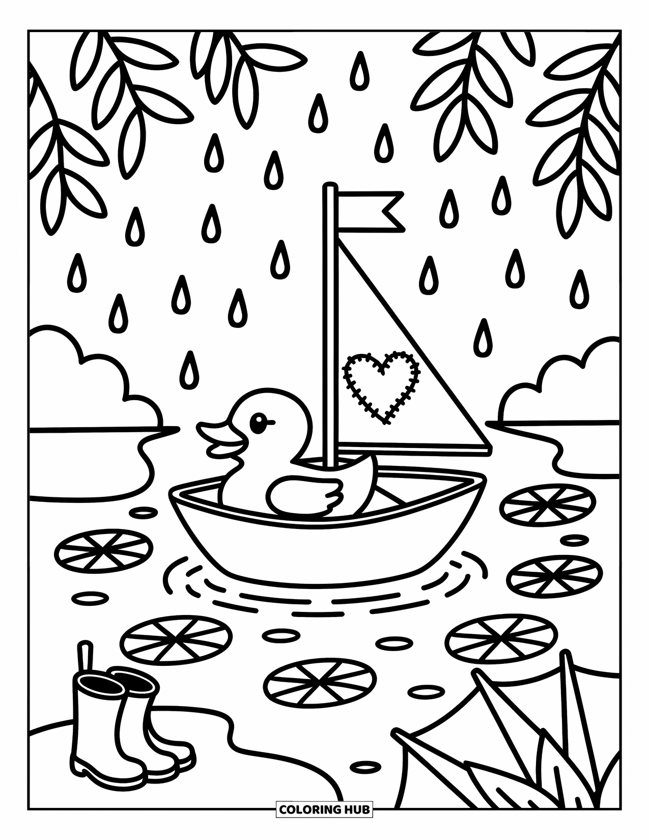 Rubber Duck Coloring Page for Adults: A duck in a toy boat glides through puddles near rain boots and leaves