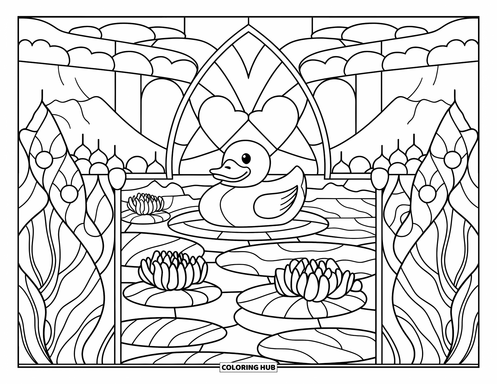 Rubber Duck Coloring Page for Adults: A duck in stained glass with lilies, clouds, and a peaceful mountain scene