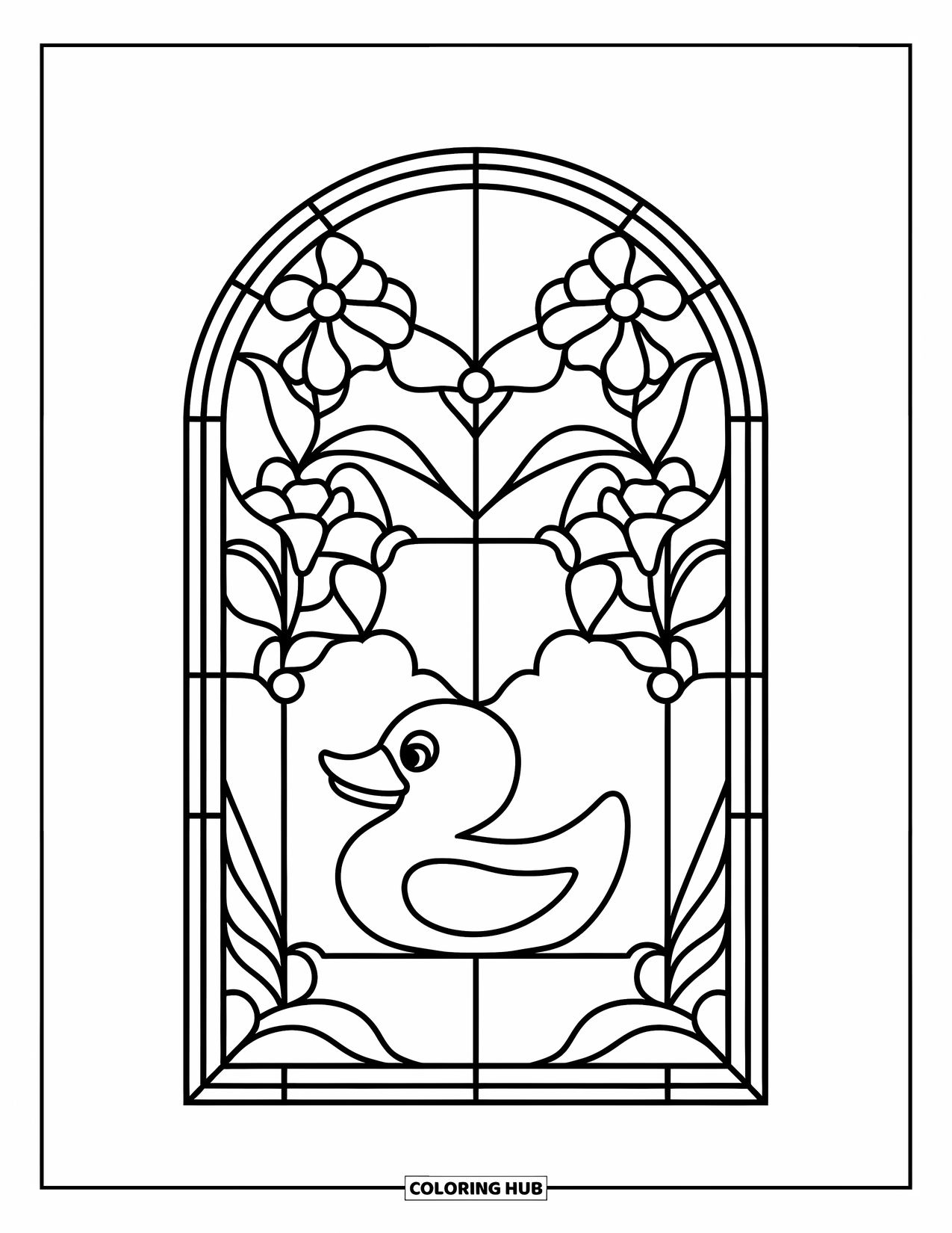 Rubber Duck Coloring Page for Adults: A duck inside a floral stained glass window with bold, clean outlines