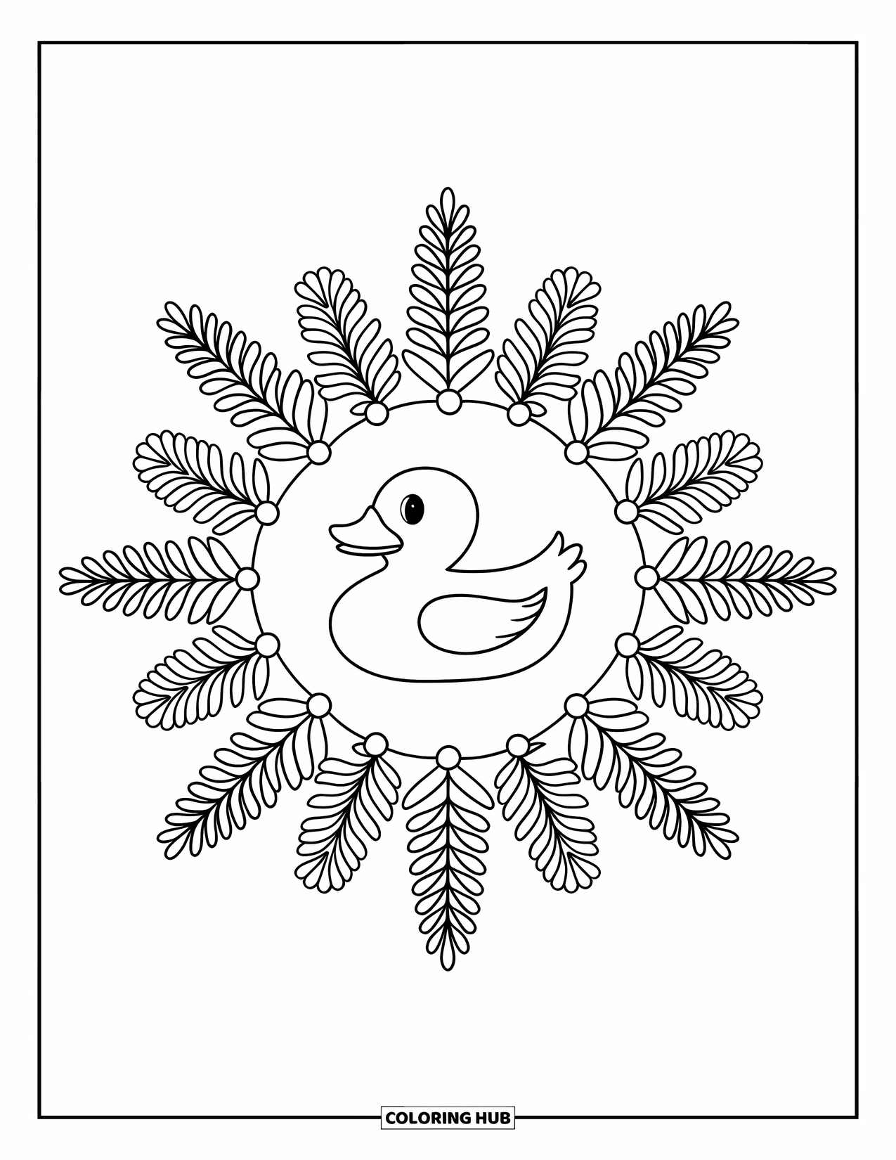 Rubber Duck Coloring Page for Adults: A duck is encircled by ferns and floral mandala lines on a clean white background