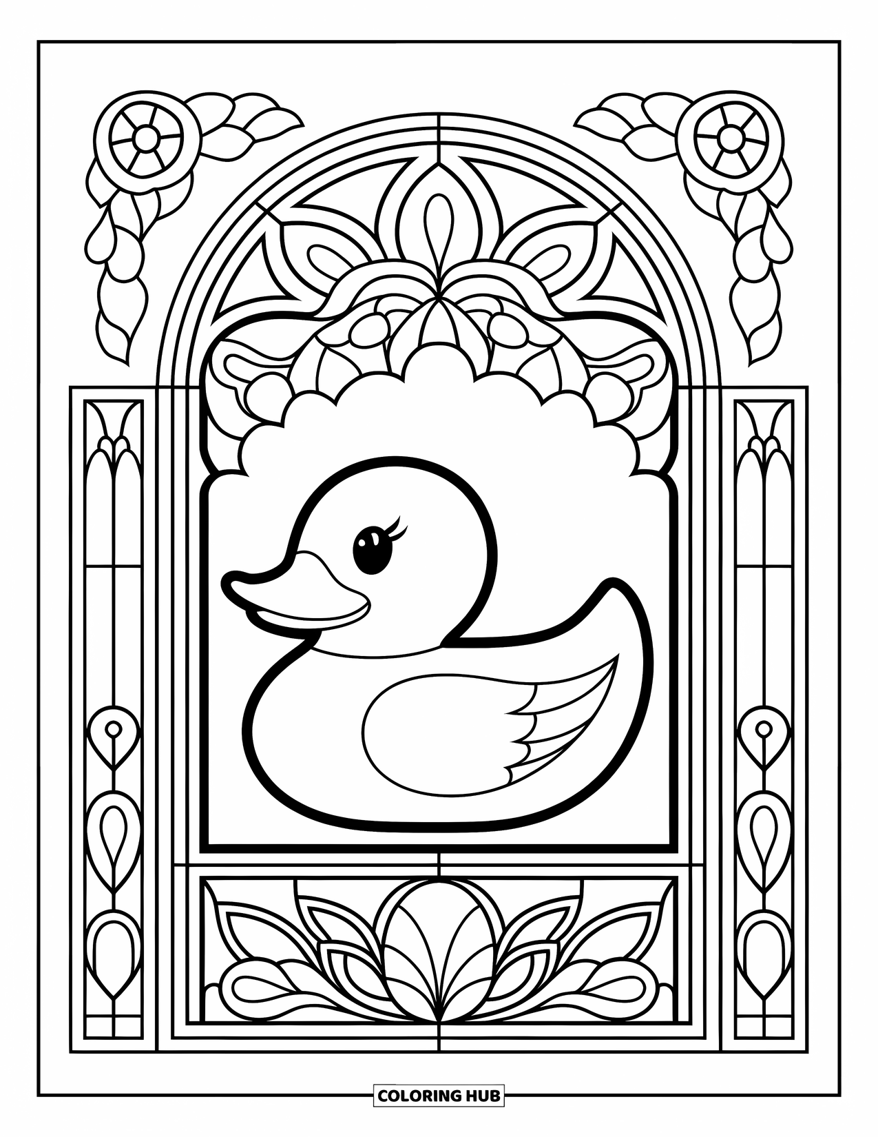 Rubber Duck Coloring Page for Adults: A duck is framed inside an arched stained glass window with floral accents