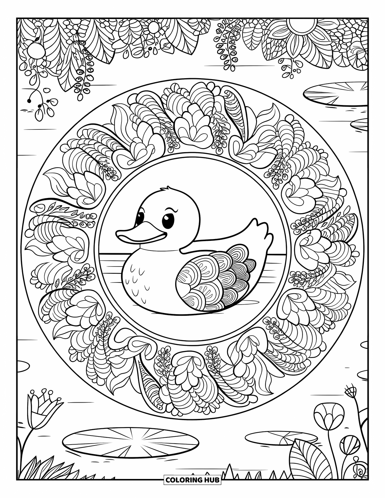Rubber Duck Coloring Page for Adults: A duck rests in a floral mandala with lily pads on a peaceful lake