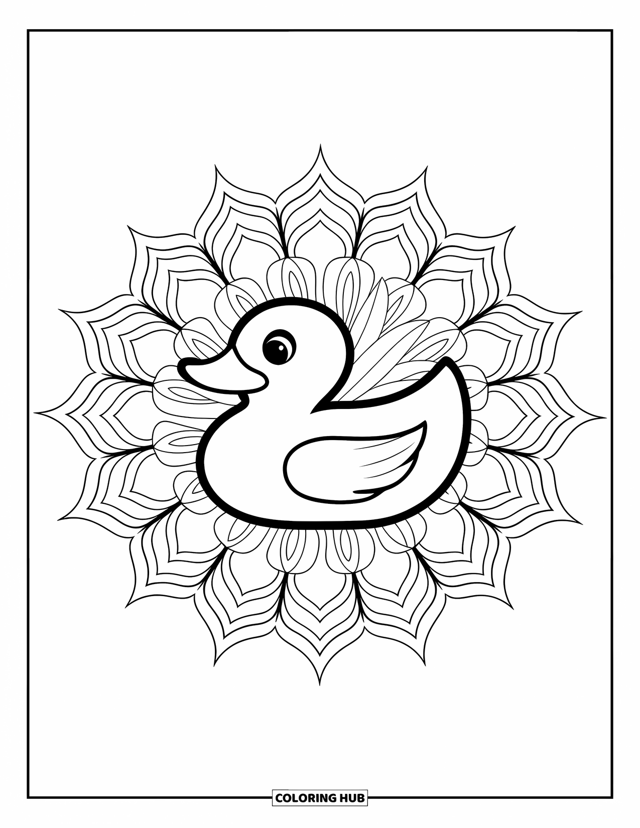 Rubber Duck Coloring Page for Adults: A duck rests inside a detailed lotus mandala with bold, clean outlines