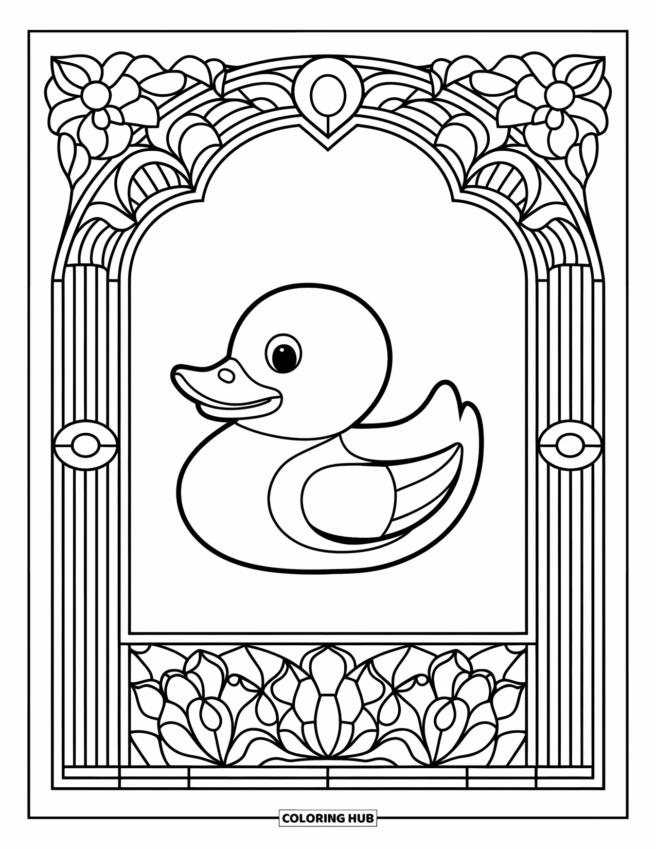 Rubber Duck Coloring Page for Adults: A duck rests within an arched floral stained glass frame on a white background