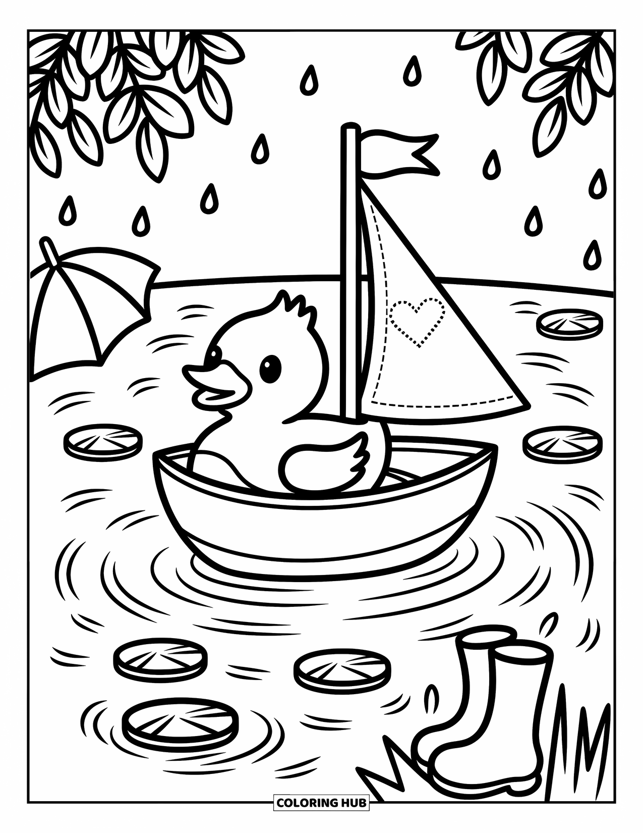Rubber Duck Coloring Page for Adults: A happy duck sails a boat across a puddle with leaves and boots nearby