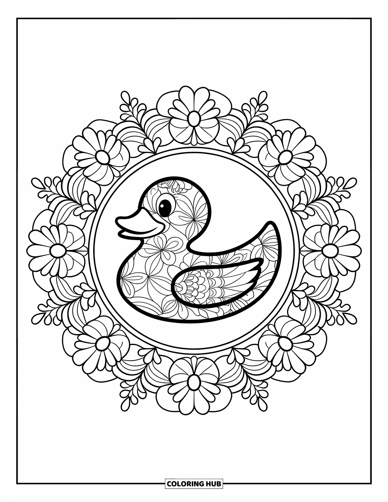 Rubber Duck Coloring Page for Adults: A smiling duck floats in a floral mandala with swirls and leaves