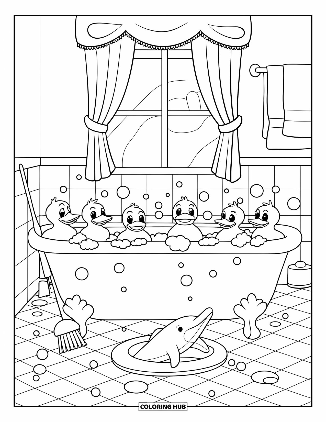 Rubber Duck Coloring Page for Kids: A bubbly bath with ducks, dolphin, window, and hanging towels