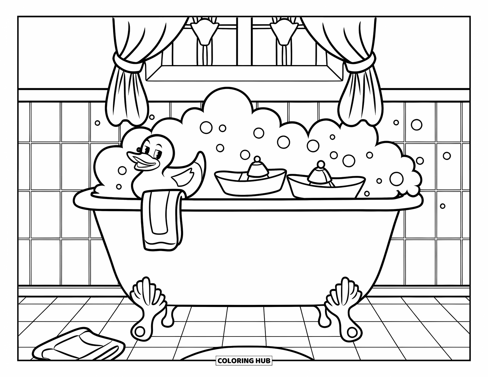 Rubber Duck Coloring Page for Kids: A bubbly bathtub scene with duck, boats, towel, and window