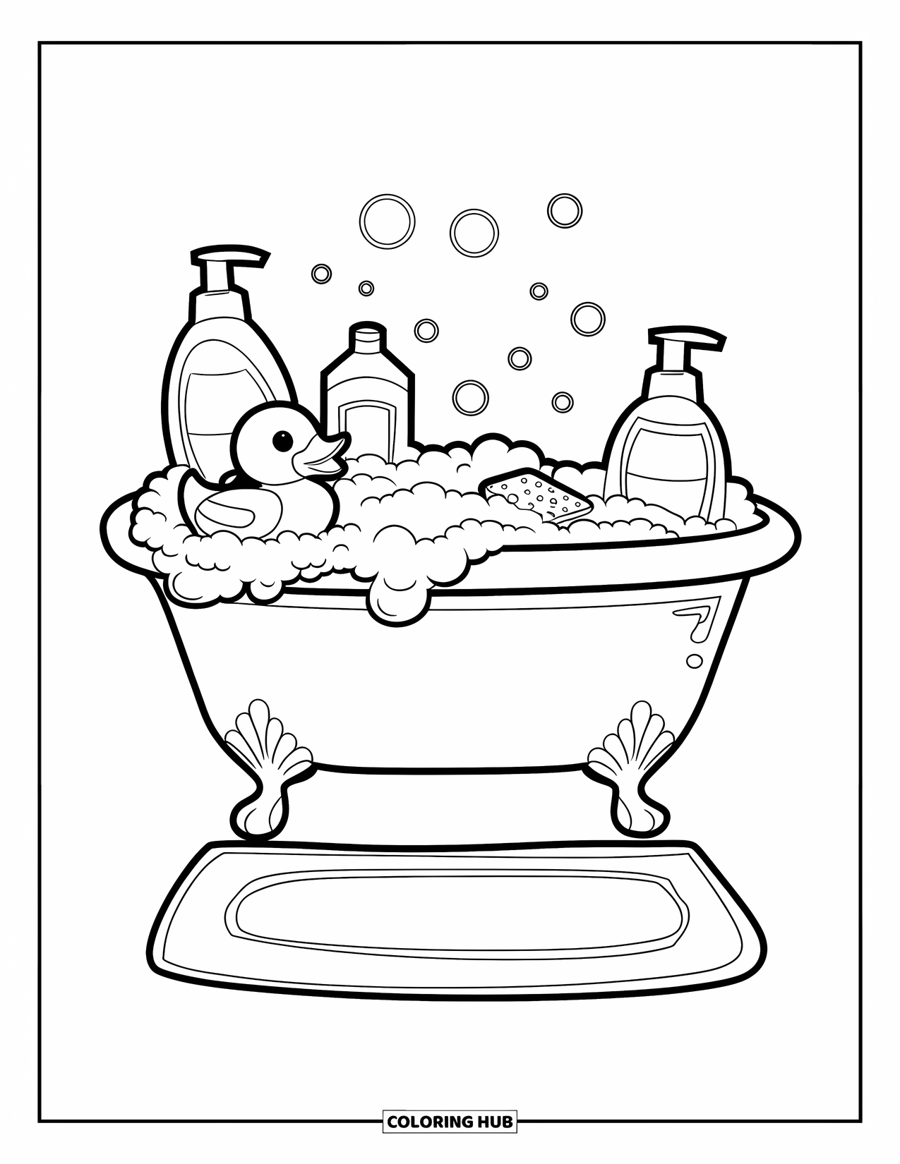 Rubber Duck Coloring Page for Kids: A bubbly tub scene with duck, shampoo bottles, and a sponge