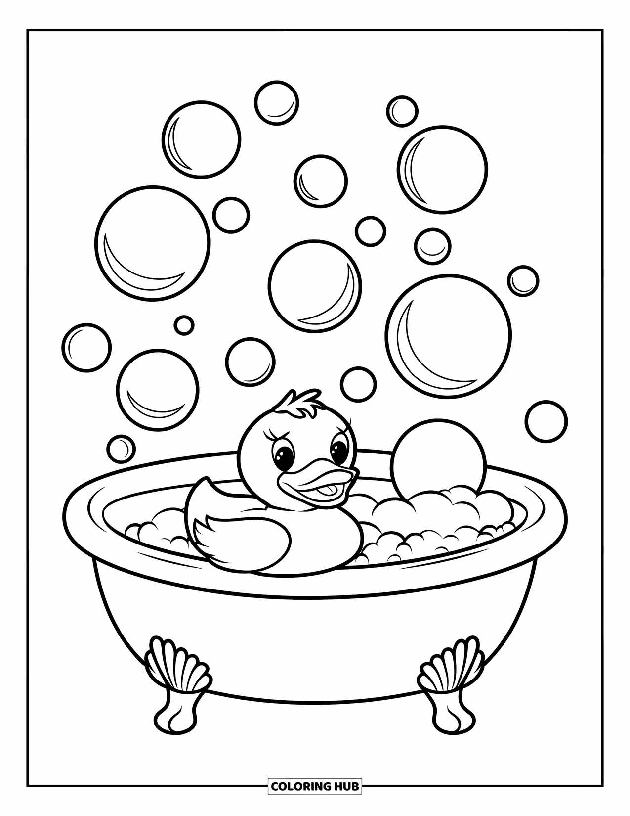 Rubber Duck Coloring Page for Kids: A cheerful duck floats in a bubble-filled tub, simple and playful