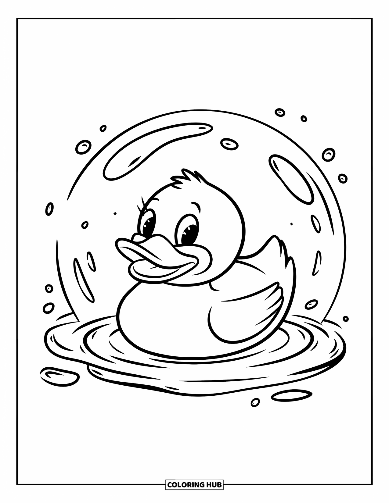 Rubber Duck Coloring Page for Kids: A duck floats in a bubble surrounded by gentle water