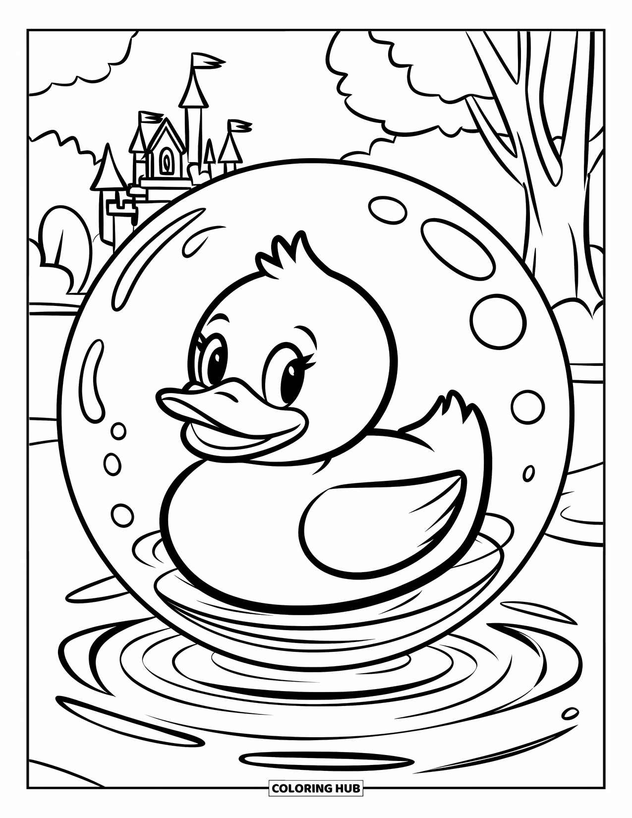 Rubber Duck Coloring Page for Kids: A duck floats inside a bubble with a castle in the distance