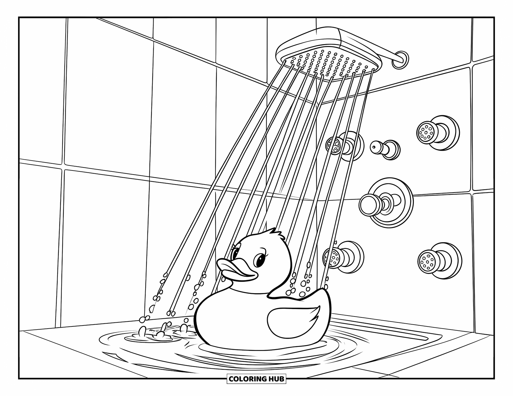 Rubber Duck Coloring Page for Kids: A duck floats under a modern shower with diagonal streams and tiled walls