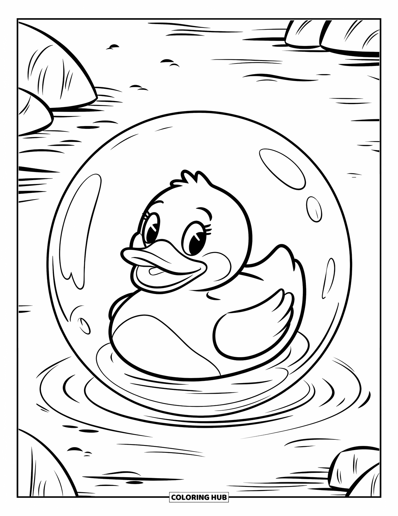 Rubber Duck Coloring Page for Kids: A duck inside a clear bubble floats on calm water