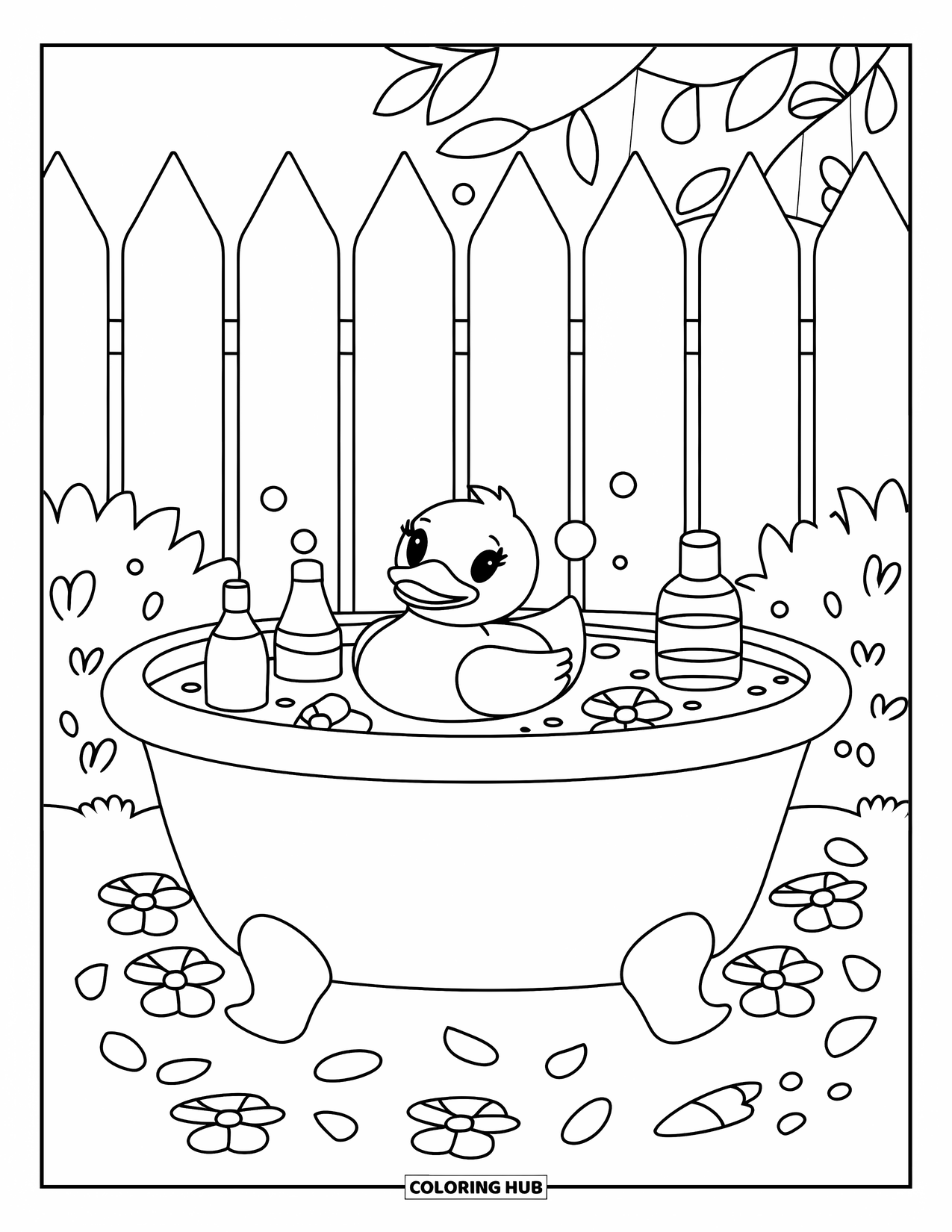 Rubber Duck Coloring Page for Kids: A duck rests in a garden tub with petals, bubbles, and bottles