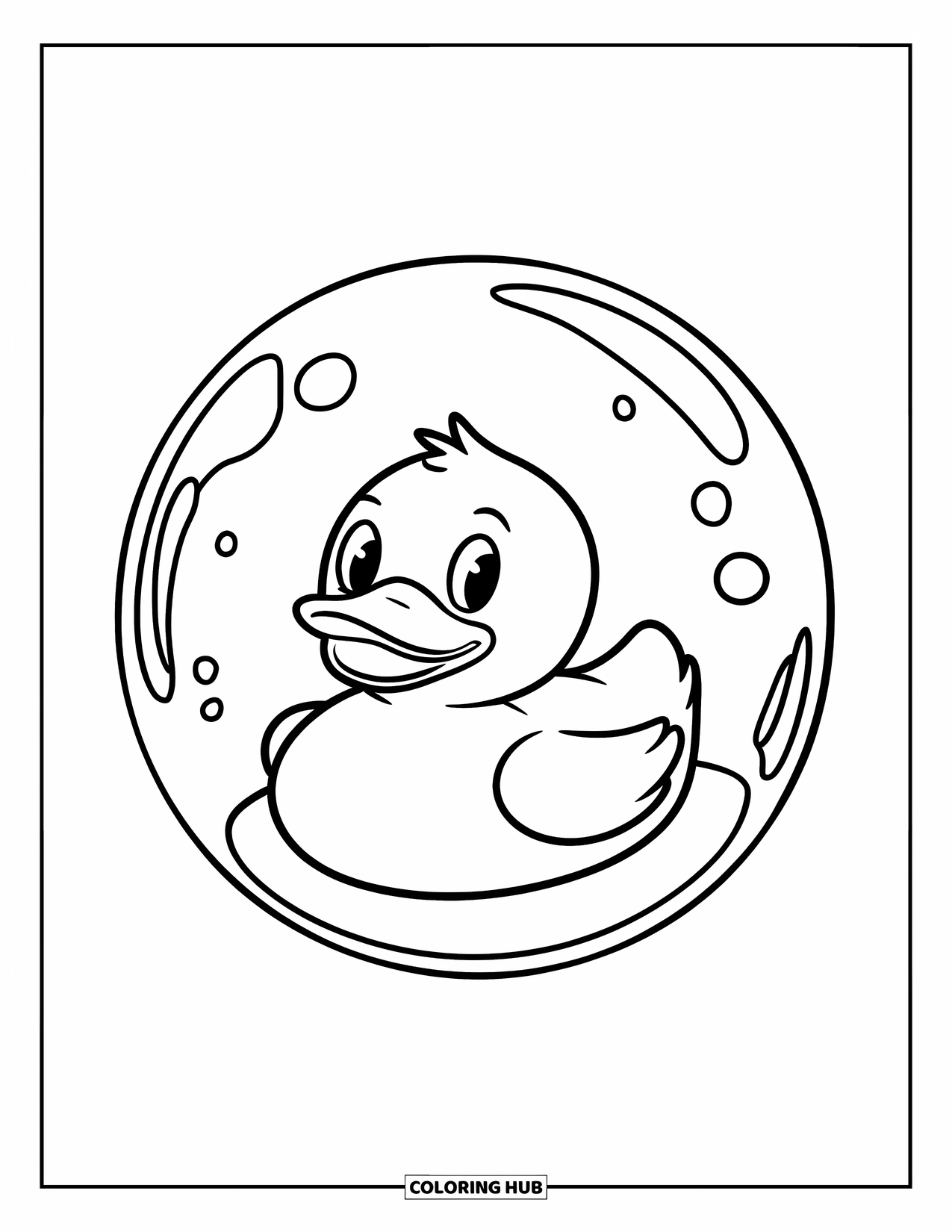 Rubber Duck Coloring Page for Kids: A duck smiles inside a bubble with soft ripples around it