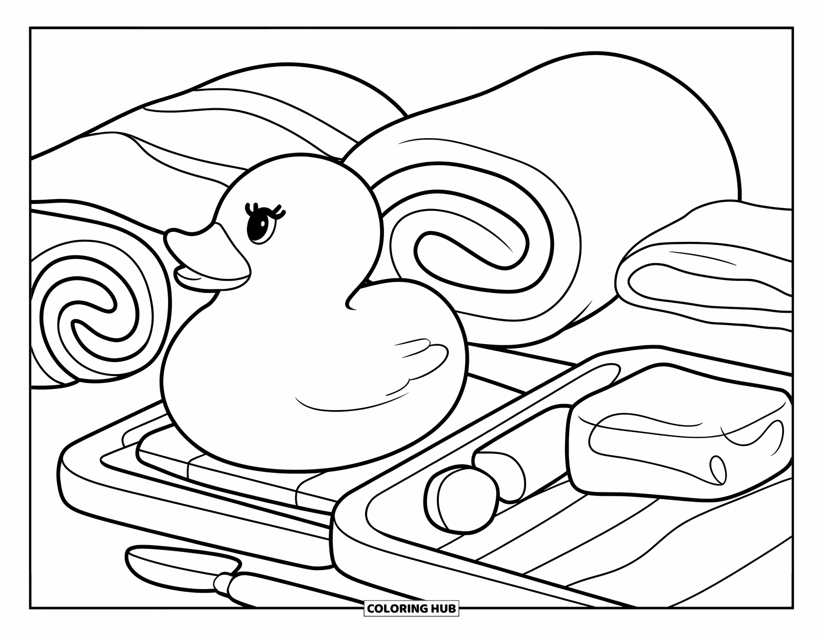 Rubber Duck Coloring Page for Kids: A duck, towels, soap, and tray set up for a relaxing spa scene