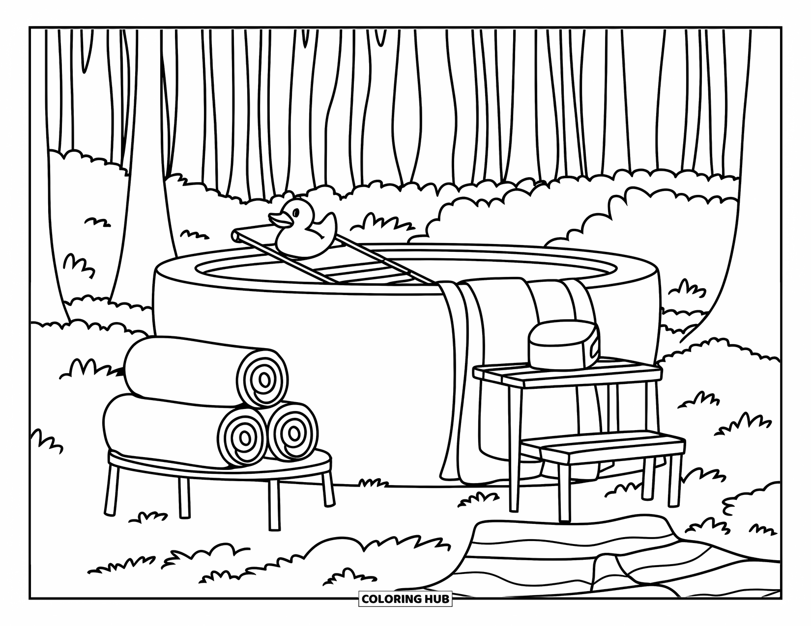 Rubber Duck Coloring Page for Kids: A forest spa scene with duck, towels, and a mossy wooden ladder