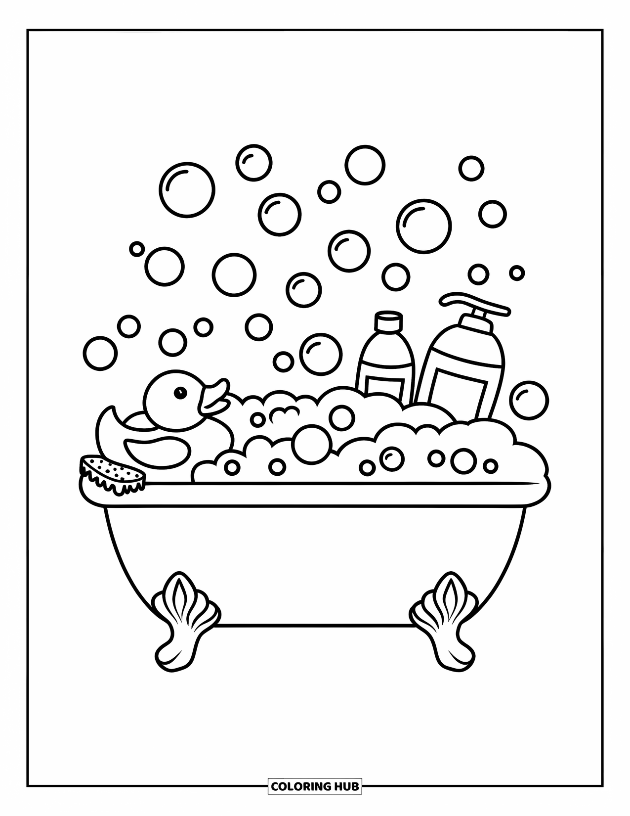 Rubber Duck Coloring Page for Kids: A fun bubbly tub with duck, sponge, and shampoo bottles