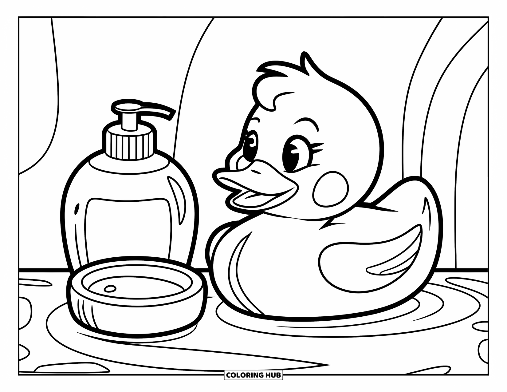 Rubber Duck Coloring Page for Kids: A happy duck floats near a soap dish and shampoo bottle
