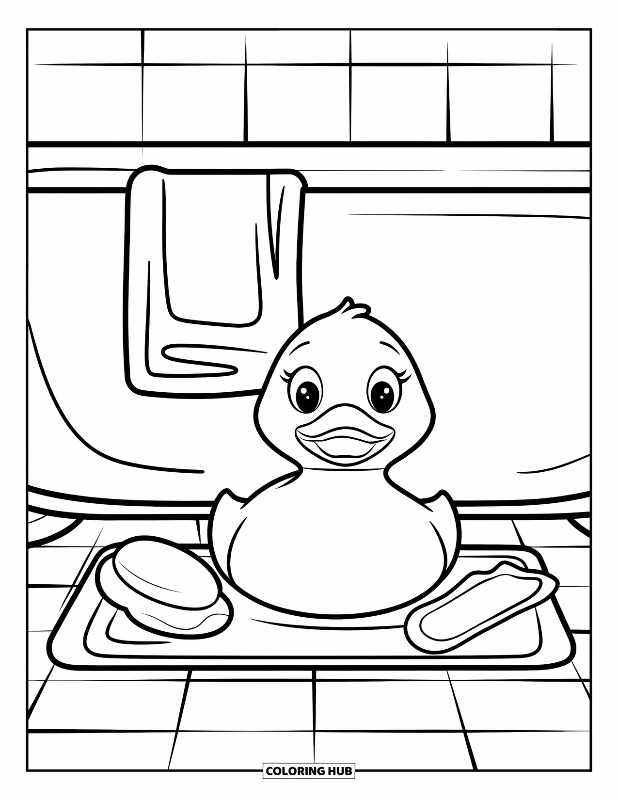 Rubber Duck Coloring Page for Kids: A happy duck sits on a mat near a sponge and tub