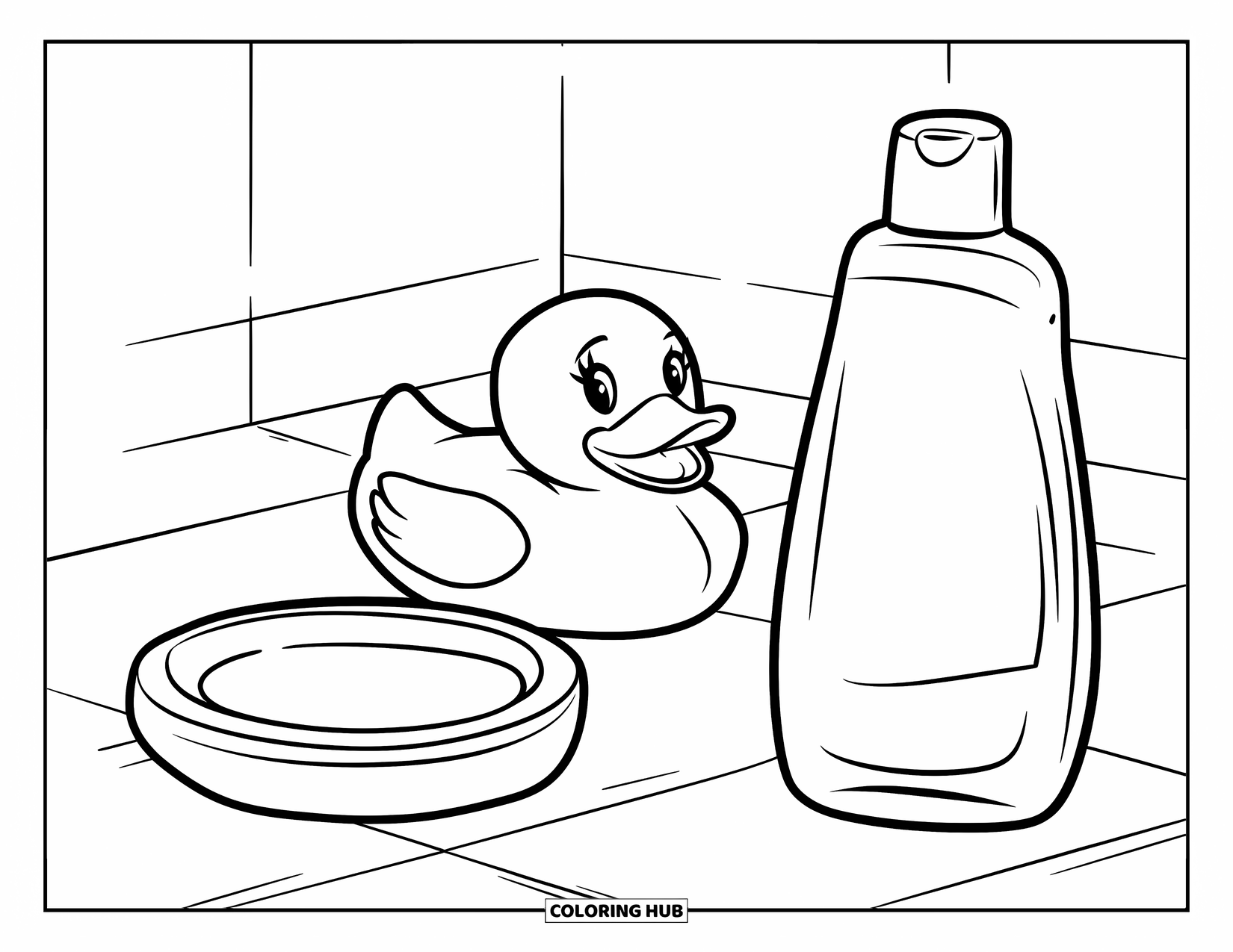Rubber Duck Coloring Page for Kids: A smiley duck floats near a soap dish and shampoo on clean floor