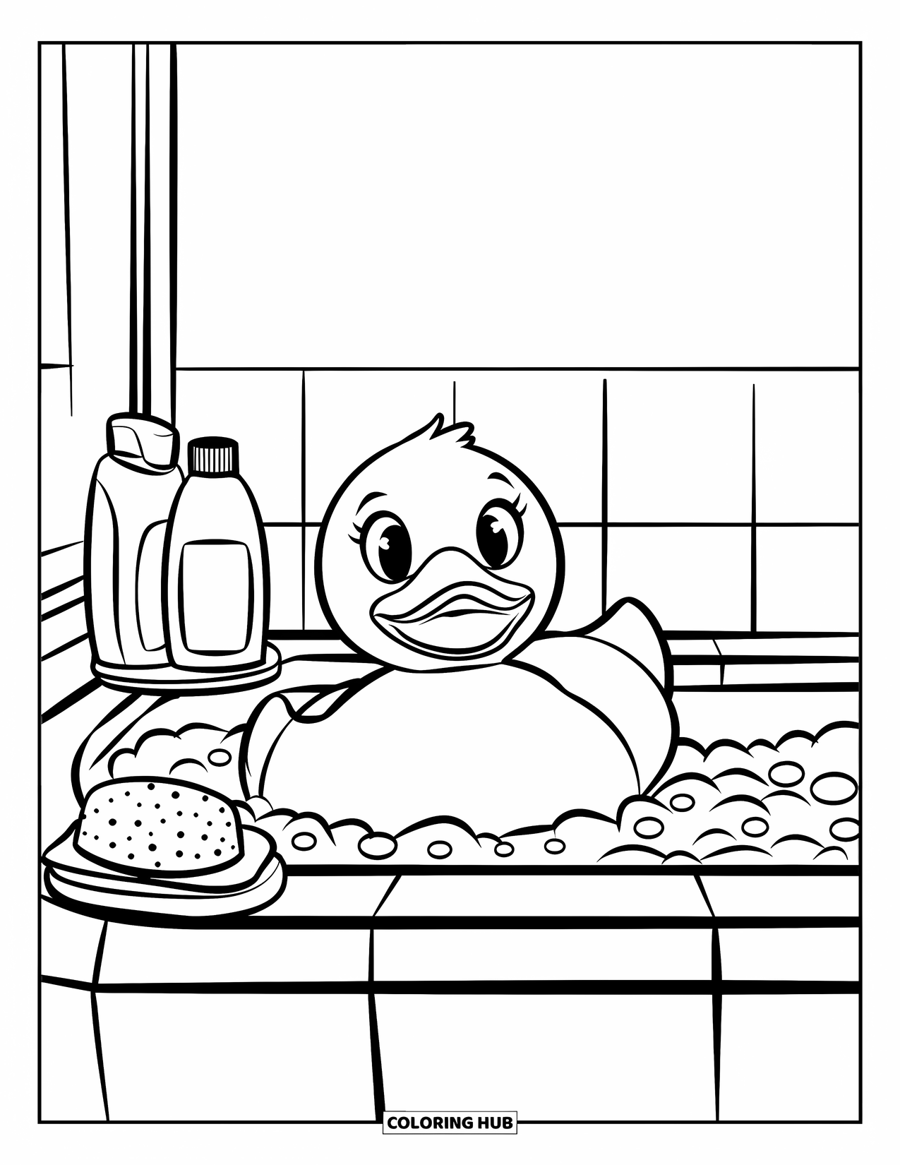 Rubber Duck Coloring Page for Kids: A smiling duck floats in a bubble-filled tub near shampoo bottles