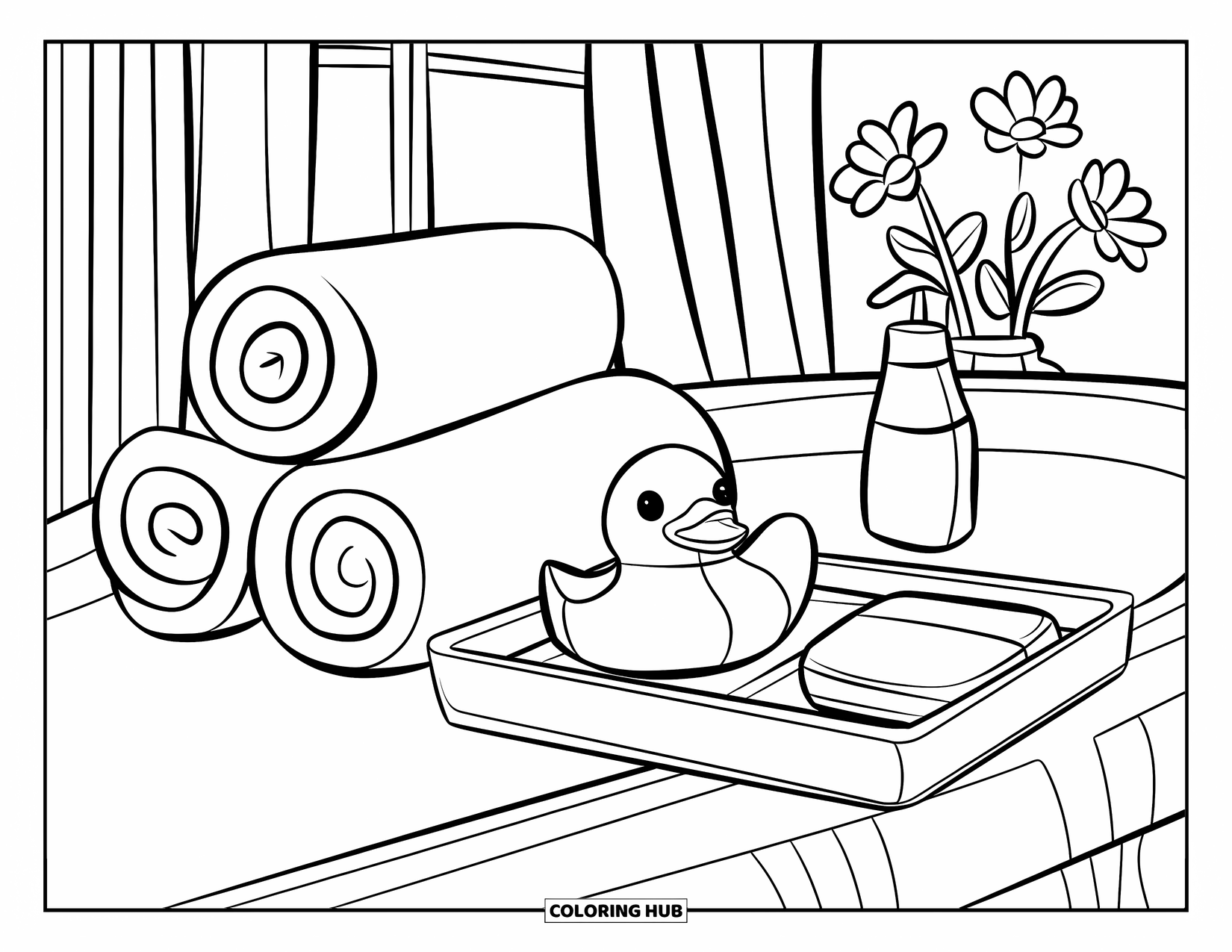 Rubber Duck Coloring Page for Kids: A spa setup with duck, towels, soap, a vase, and a sunny window