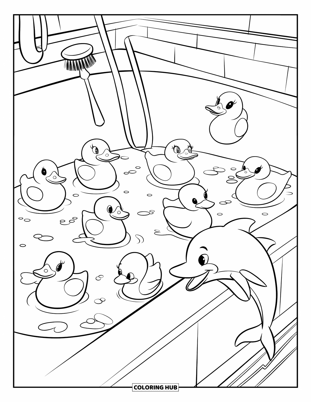 Rubber Duck Coloring Page for Kids: Ducks and a dolphin float in the tub with bubbles all around