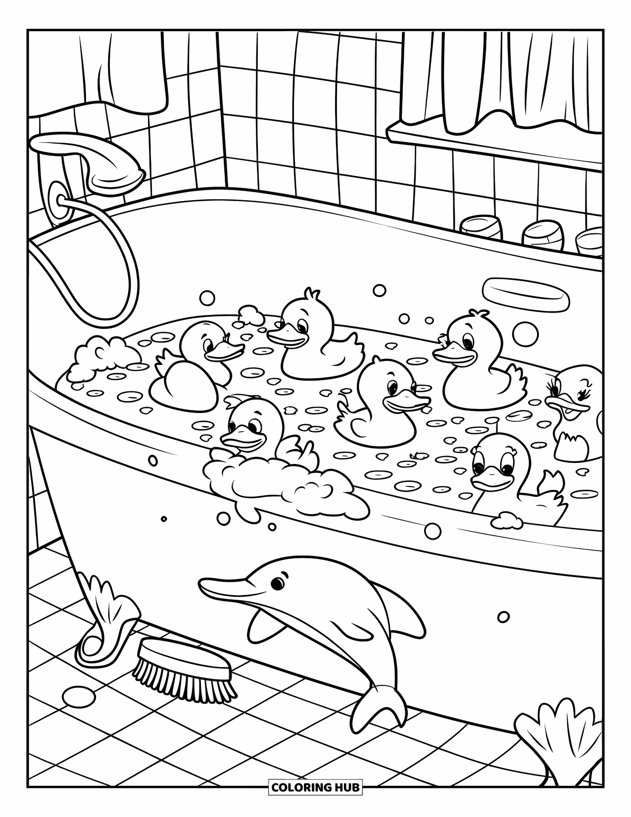 Rubber Duck Coloring Page for Kids: Ducks splash in a bubbly tub with a brush and a rubber dolphin