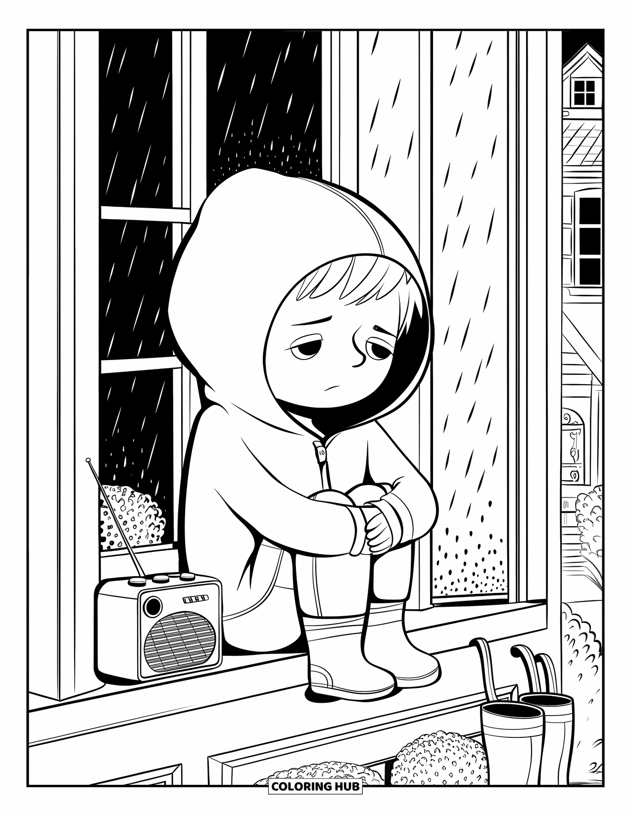 Sad Coloring Page for Adults: A cozy boy in a hoodie sits on a windowsill listening to soft music and watching rain