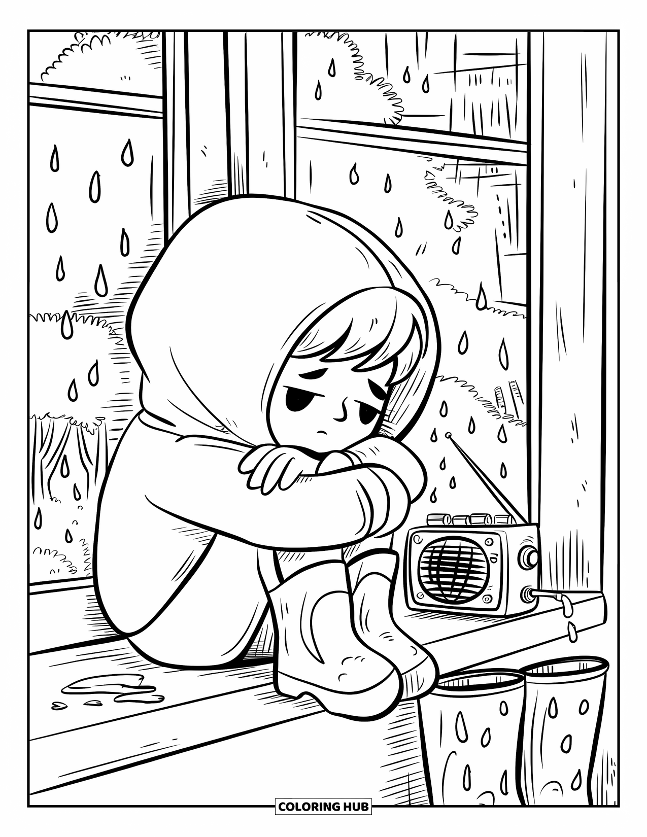 Sad Coloring Page for Adults: A cozy boy in a hoodie sits on a windowsill watching raindrops with a tiny radio nearby