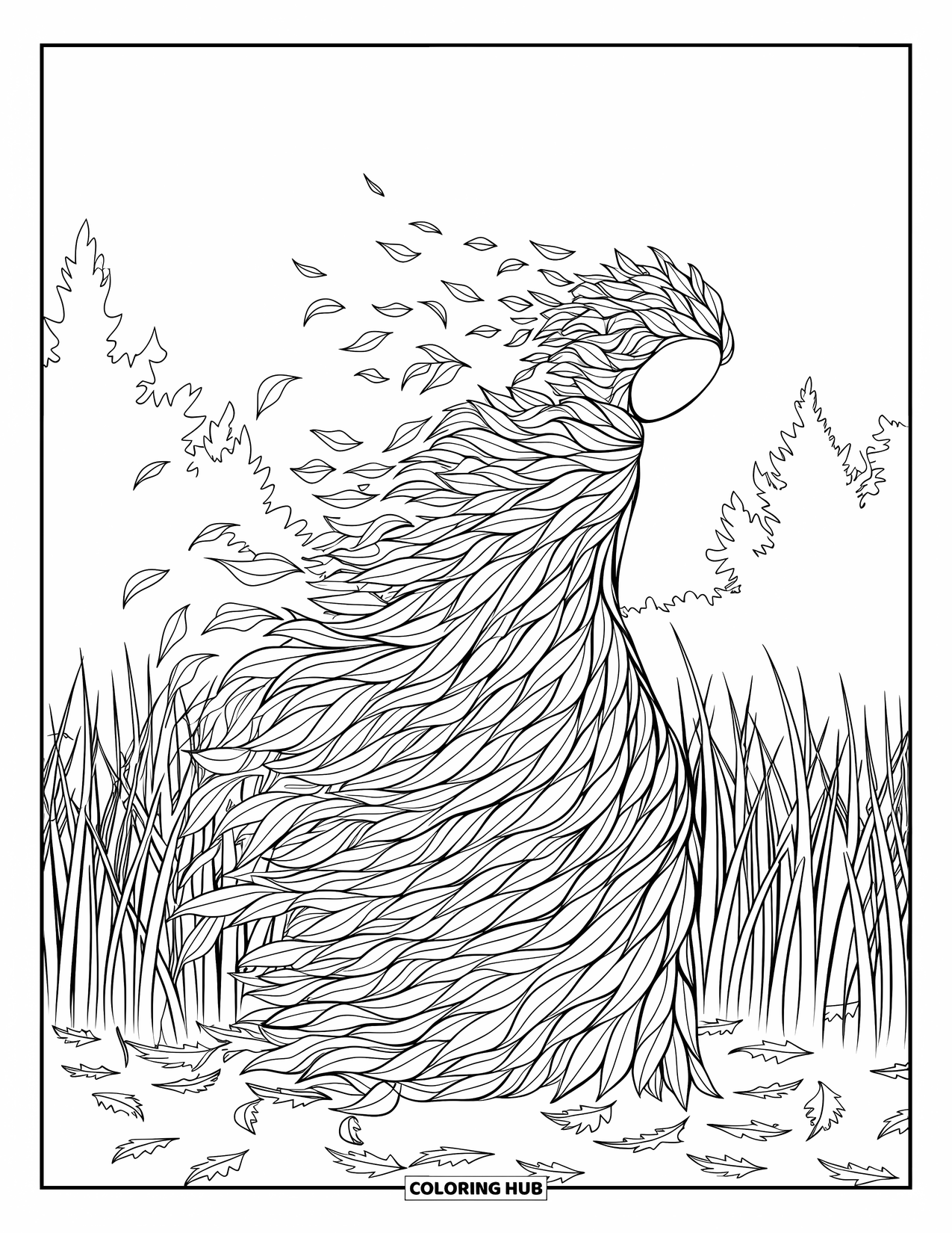 Sad Coloring Page for Adults: A figure made of leaves breaks apart into wind in a grassy field with trees