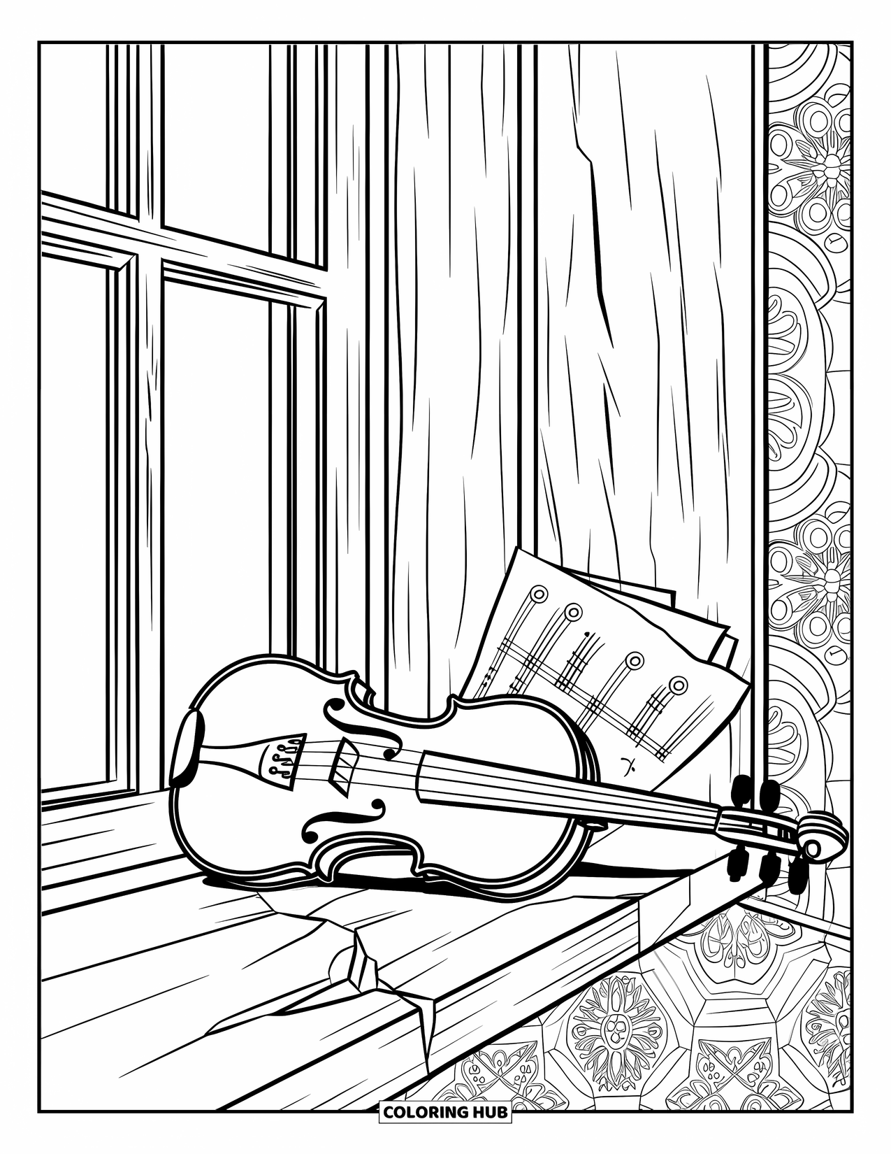 Sad Coloring Page for Adults: A lone violin sits on a cracked windowsill with sheet music in a rustic, patterned room