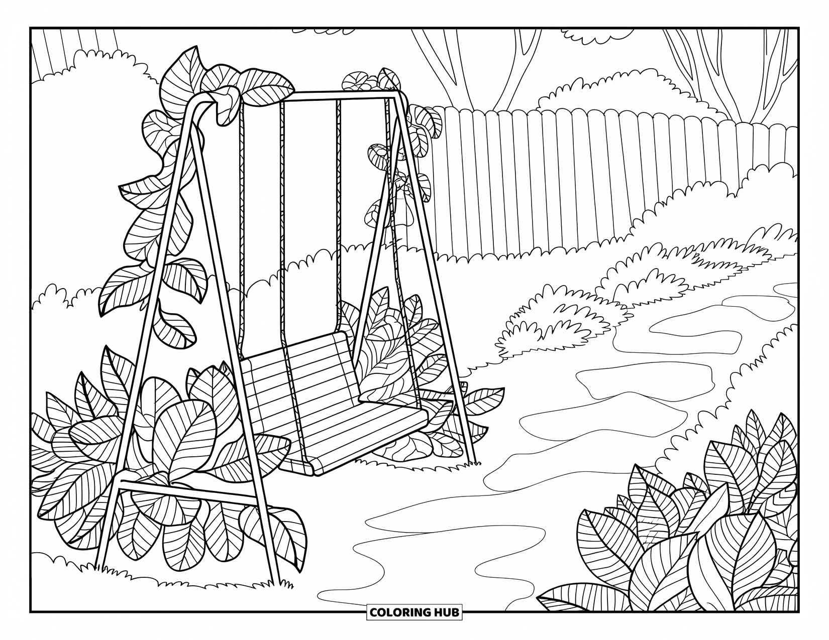 Sad Coloring Page for Adults: A lonely swing tilts beside a garden path covered in vines and framed by trees