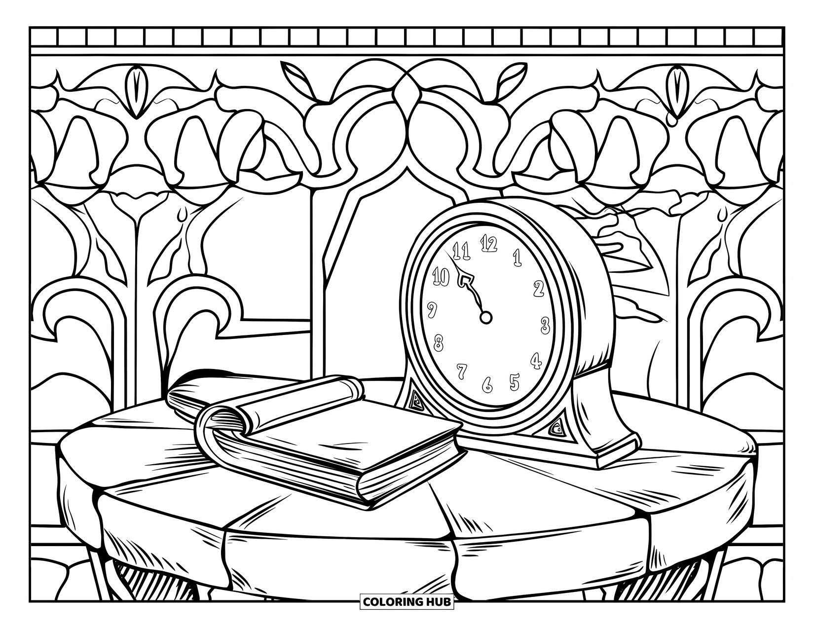 Sad Coloring Page for Adults: A melting clock and forgotten book rest on a stone table with artistic, calming details