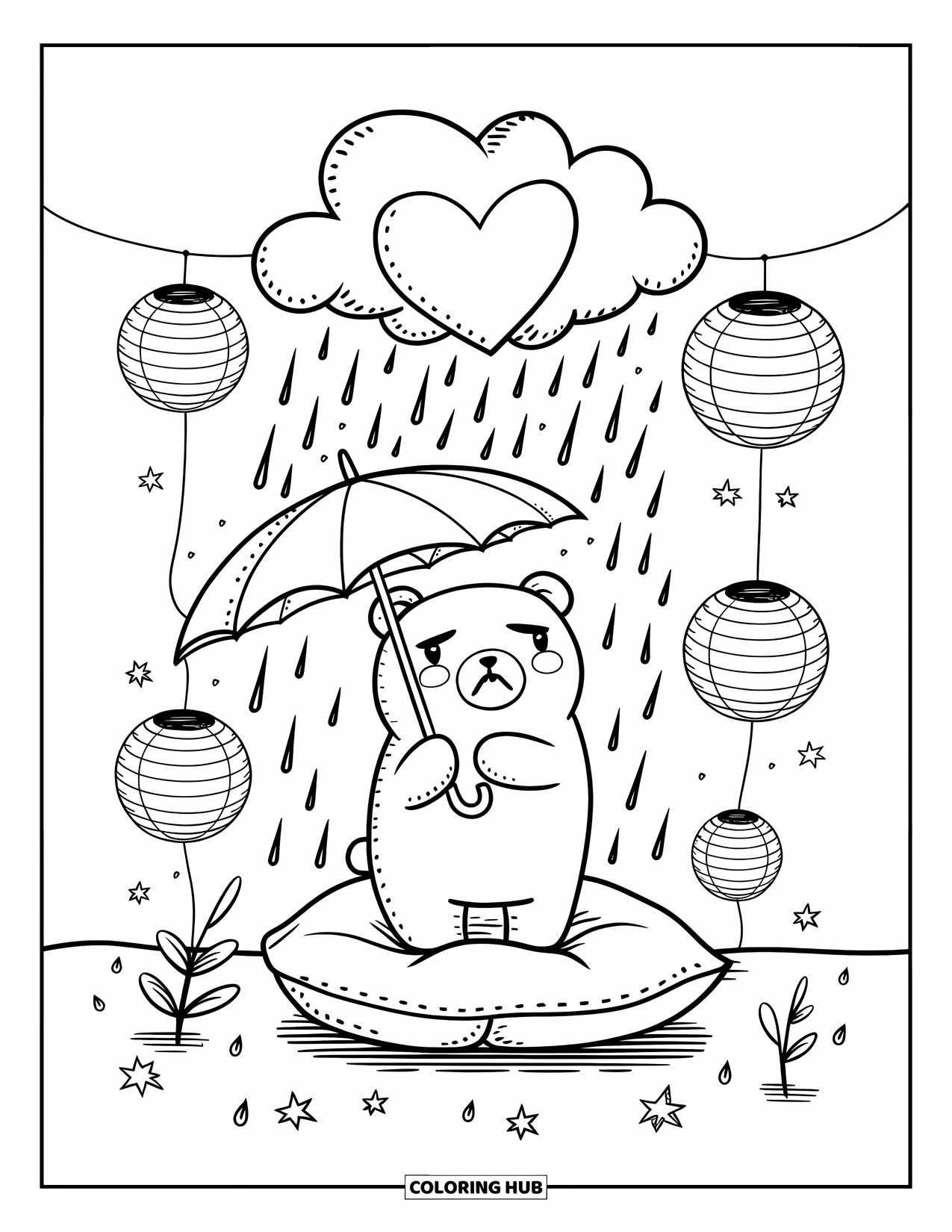 Sad Coloring Page for Adults: A sad plush bear holds an umbrella on a pillow under lanterns with a raining heart cloud