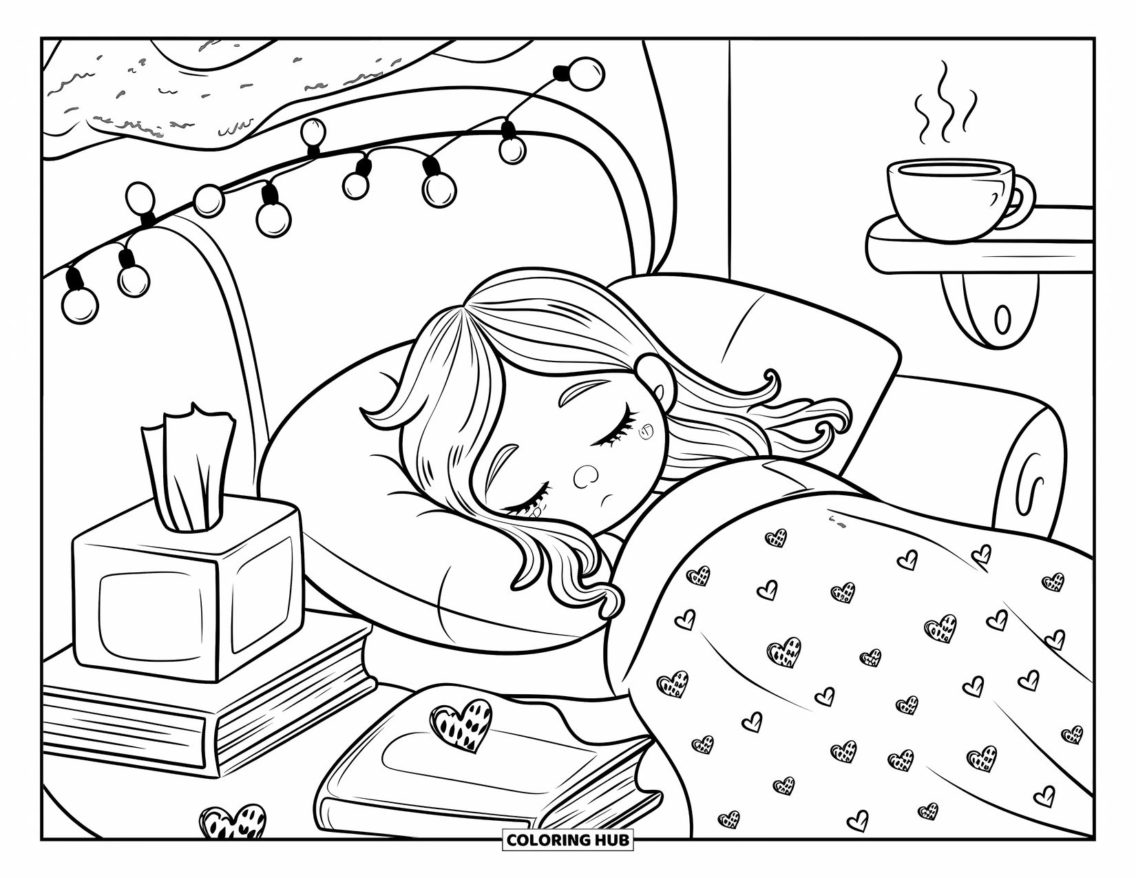 Sad Coloring Page for Adults: A sleepy girl relaxes on a couch with tea, fairy lights, and tiny hearts