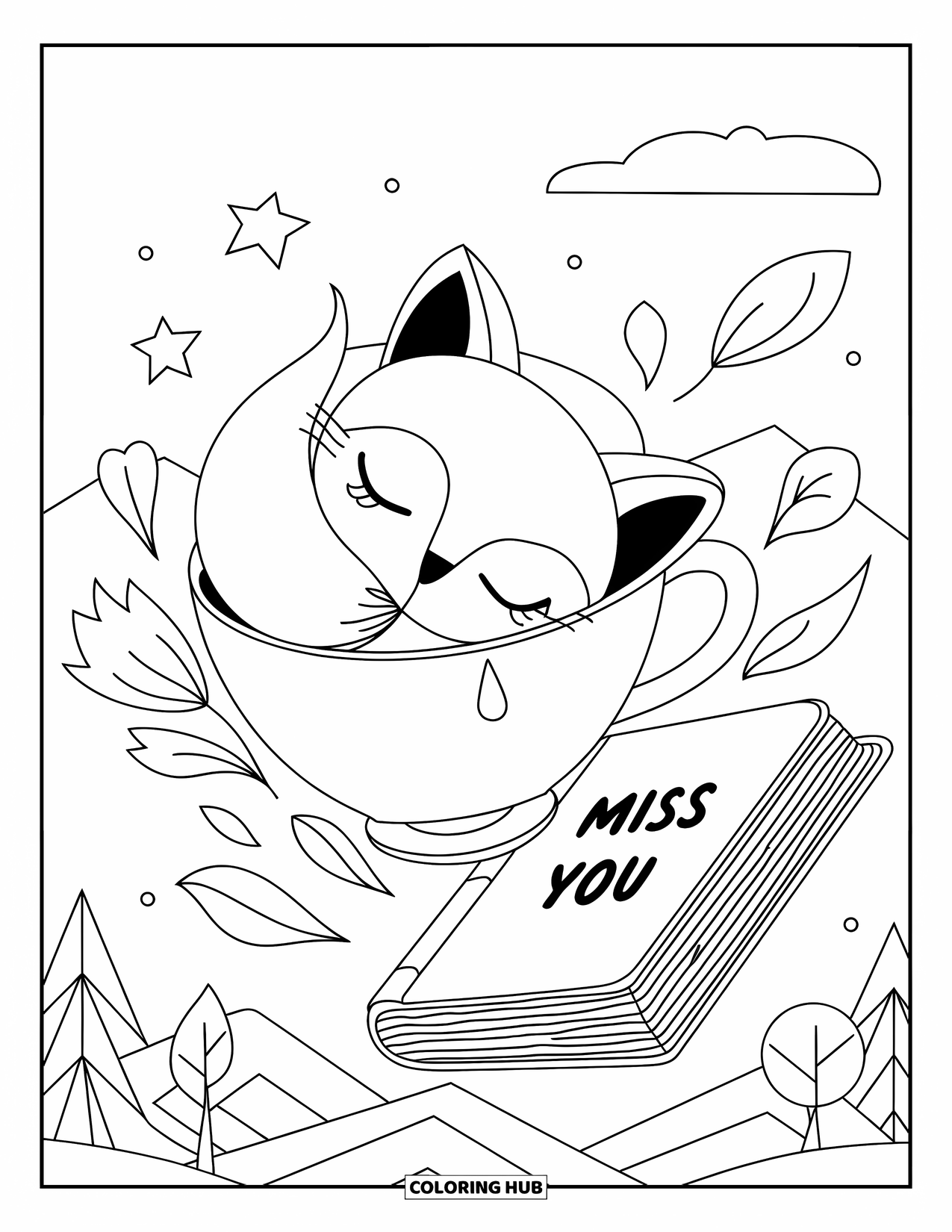 Sad Coloring Page for Adults: A small fox sleeps in a teacup floating among stars, leaves, and a ìmiss youî book