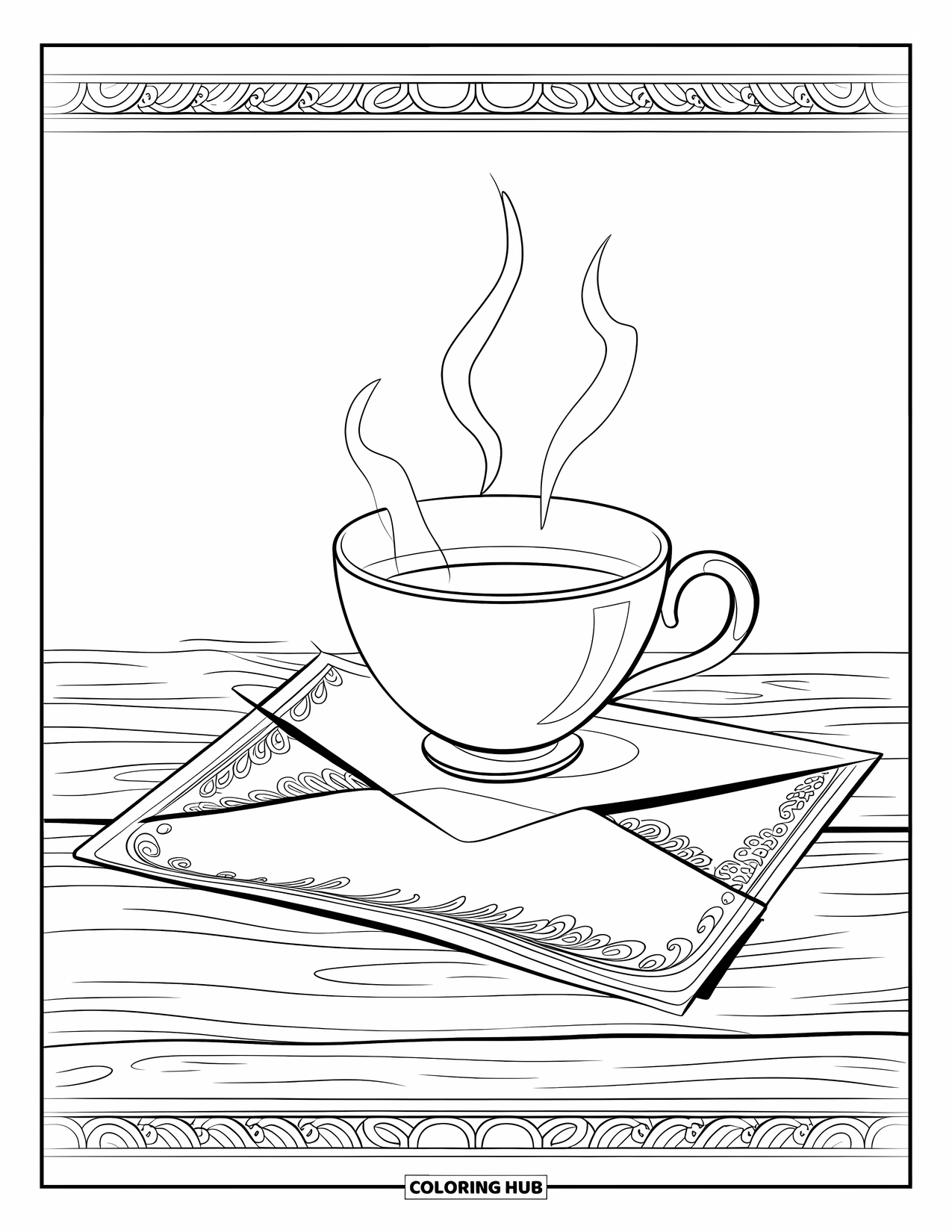 Sad Coloring Page for Adults: A steaming tea cup on an unread letter with torn edges and a decorative border