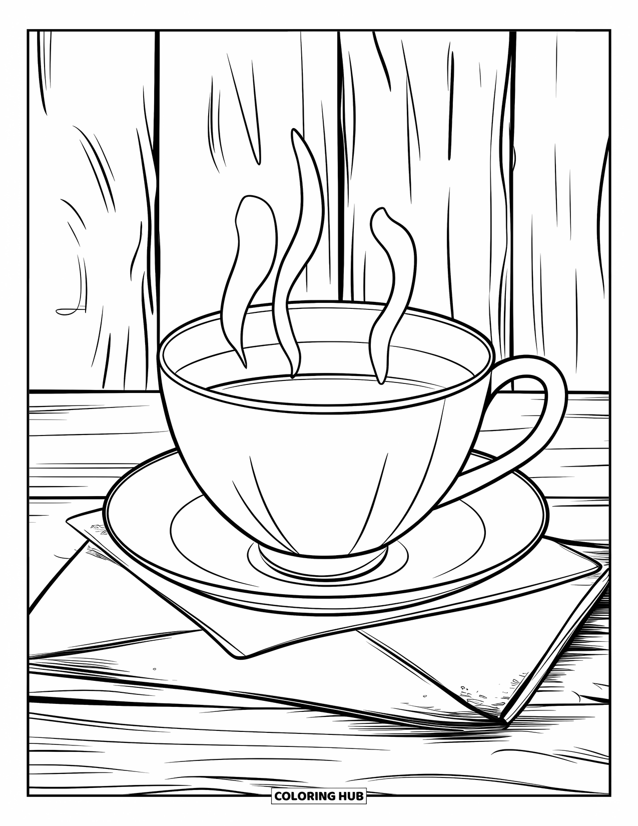 Sad Coloring Page for Adults: A steaming tea cup rests on an unread letter with torn edges on a rustic table